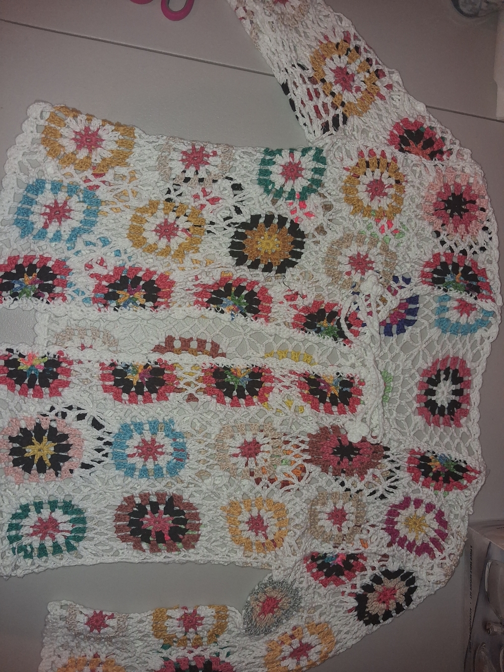 White Crochet Multicolor Granny Square Cardigan